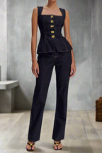 High Waist Jean Set with Button Top & Pants Lavish Daily