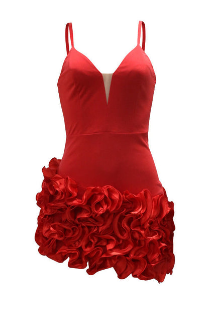 Plunging 3D Ruffle Asymmetrical Mini Dress Lavish Daily