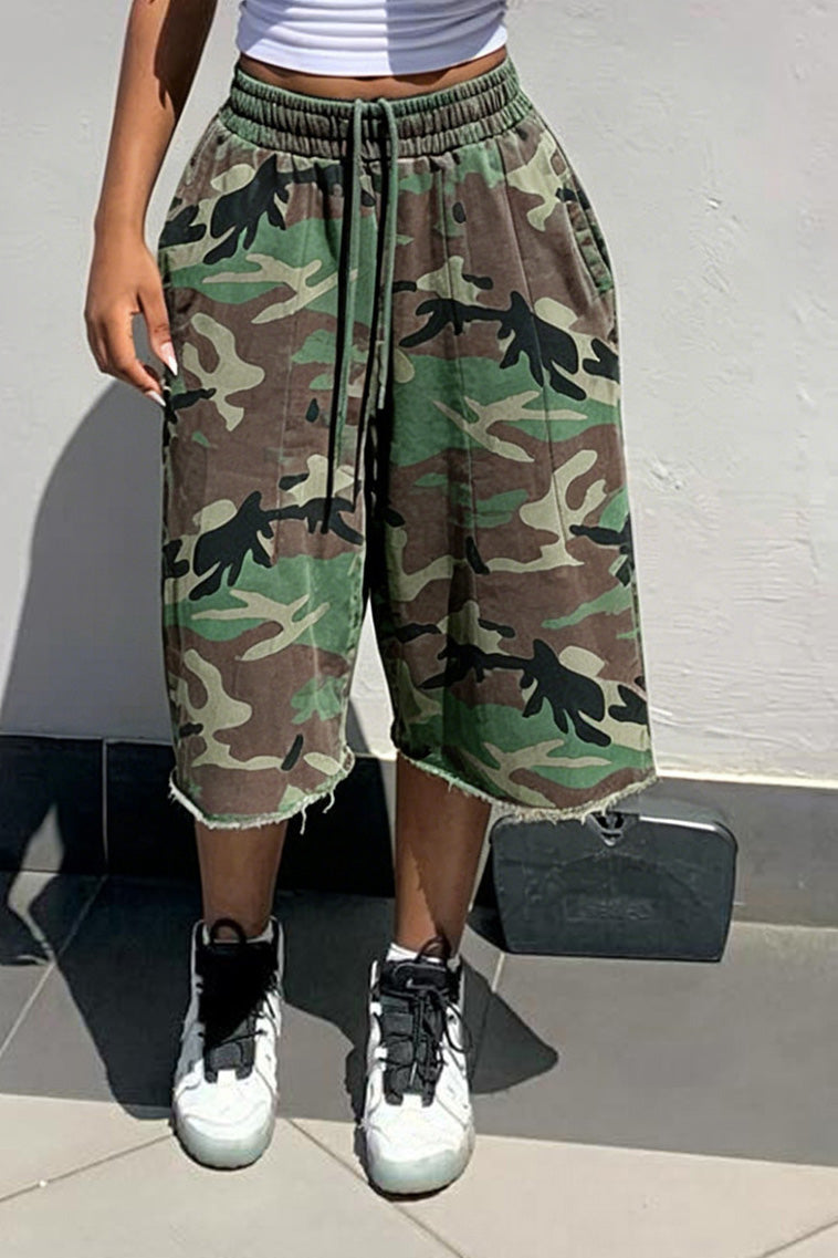 Baggy Drawstring Raw Hem Camo Shorts Lavish Daily