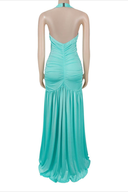 Plunging Halter Ruched High Slit Maxi Dress Lavish Daily