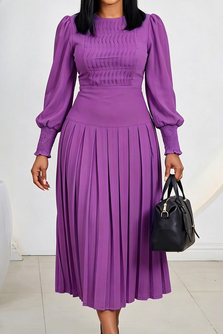 Smocked Puff Sleeve Pleated Midi Dress Lavish Daily