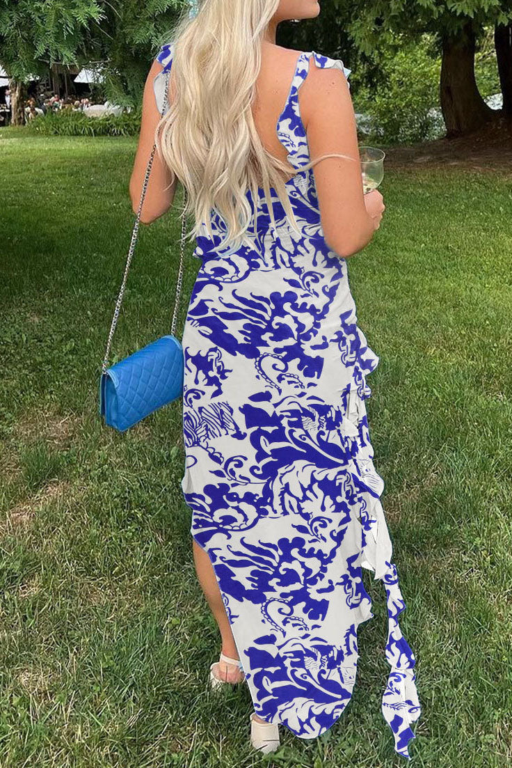 Long Strapless Dress With Slits and Tropical Print Lavish Daily