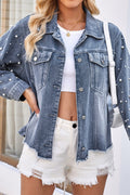 Pearl Trim Raw Hem Denim Jacket Lavish Daily