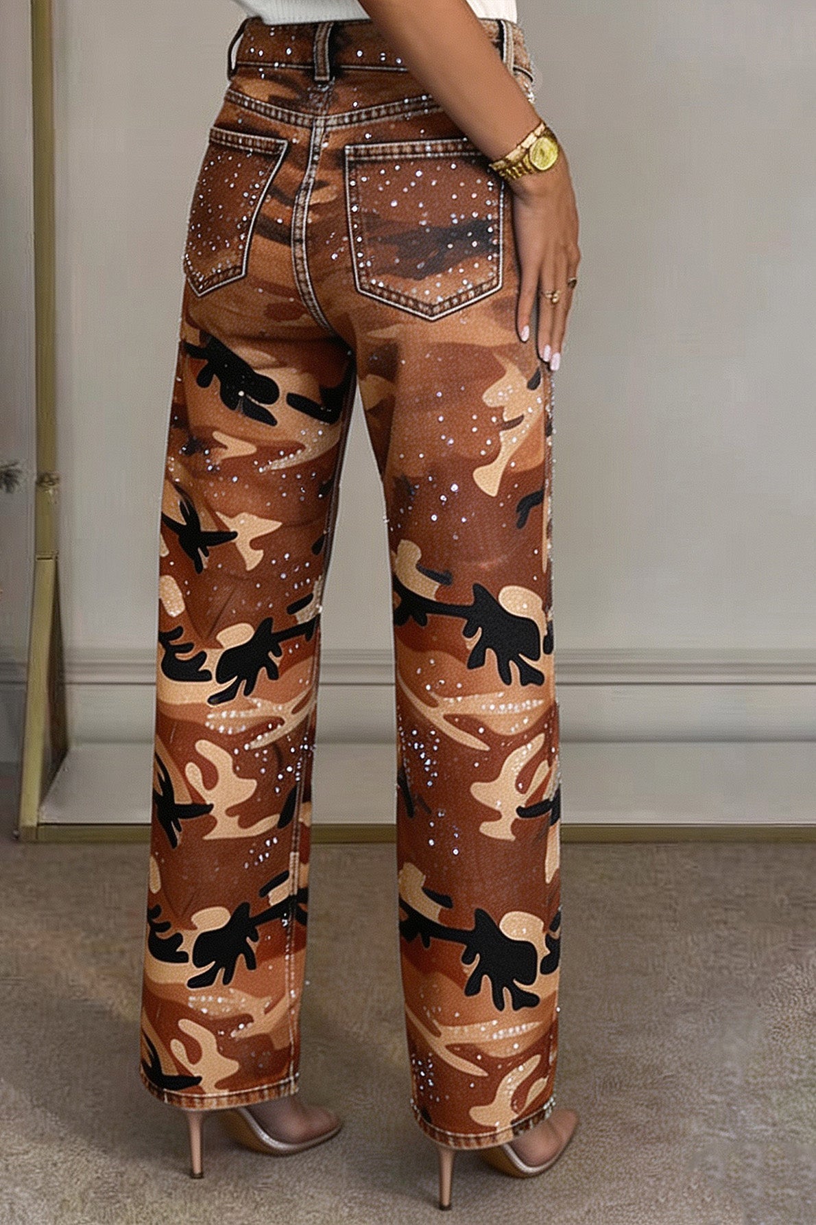 Rhinestone Camo Straight Leg Jeans Lavish Daily