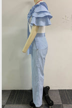 Single Ruffle Sleeve T-Shirt Striped Pants Set Lavish Daily
