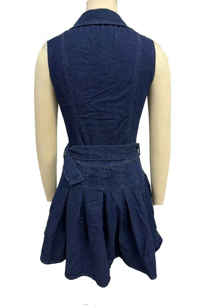 Belted Pleated Denim Mini Dress Sleeveless Lavish Daily