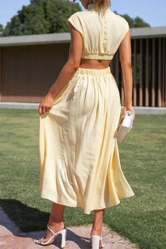 Mock Neck Cut Out Pleated Maxi Dress Lavish Daily