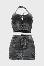 Denim Skirt U-Neck Two-Piece Set Lavish Daily