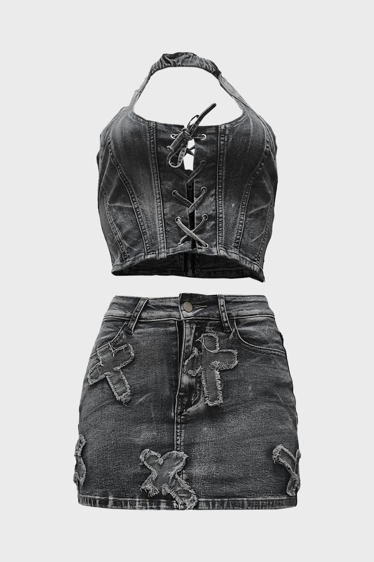 Denim Skirt U-Neck Two-Piece Set Lavish Daily