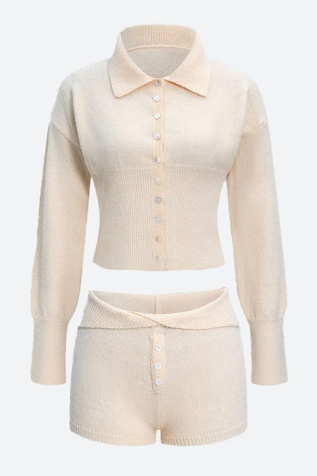 Knit Collared Long Sleeve Cardigan Shorts Set LavishDaily