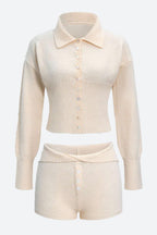 Knit Collared Long Sleeve Cardigan Shorts Set LavishDaily