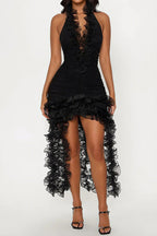 High Neck Cut Out Front Frilly Mini Dress Lavish Daily