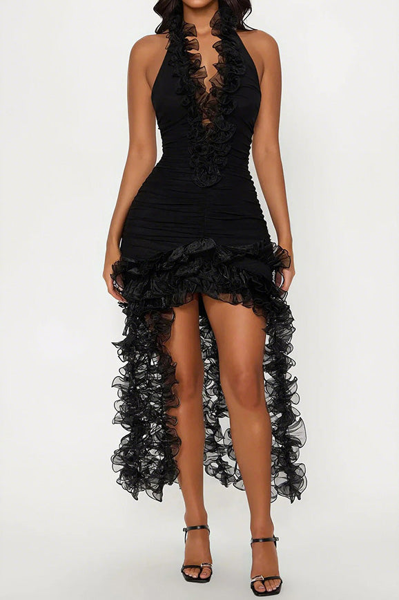 High Neck Cut Out Front Frilly Mini Dress Lavish Daily