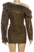 PU Faux Fur One Shoulder Dress Lavish Daily