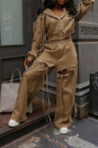 Hooded Zip-Up Sweatshirt & Distressed Wide-Leg Pants Set Lavish Daily