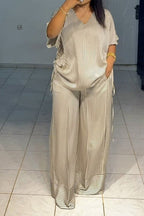 Striped Half Sleeve Top & Wide Leg Pants Set Lavish Daily