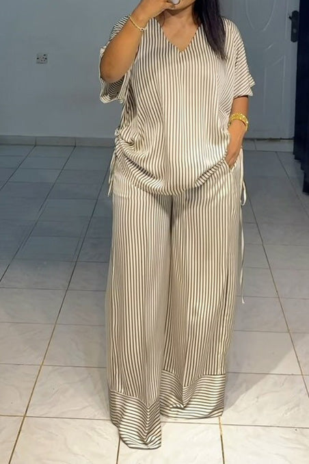 Striped Half Sleeve Top & Wide Leg Pants Set Lavish Daily