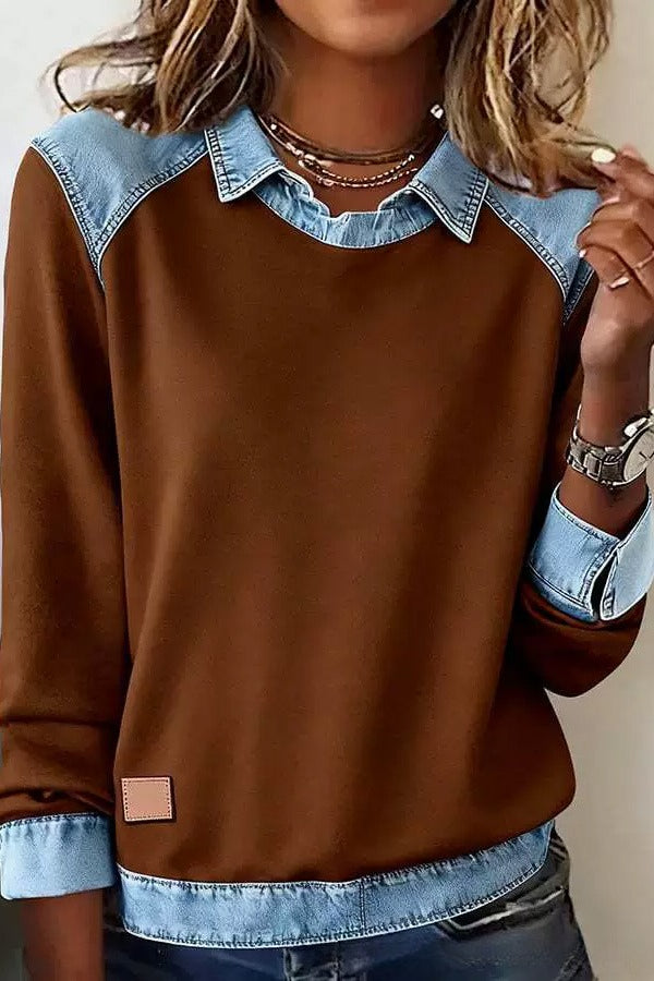 Denim Collar Long Sleeve Knit Pullover Top Lavish Daily