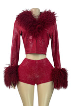 Fur Collar & Cuff Metallic Top and Shorts Set Lavish Daily