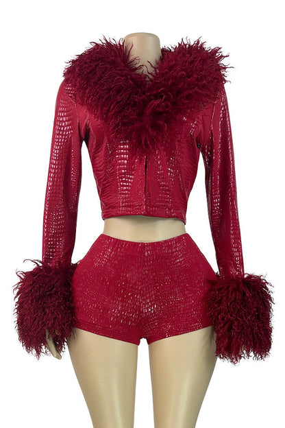 Fur Collar & Cuff Metallic Top and Shorts Set Lavish Daily