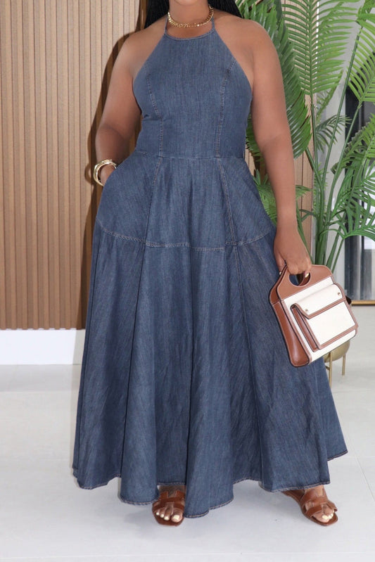 Halter Neck Tiered A-Line Denim Maxi Dress Lavish Daily