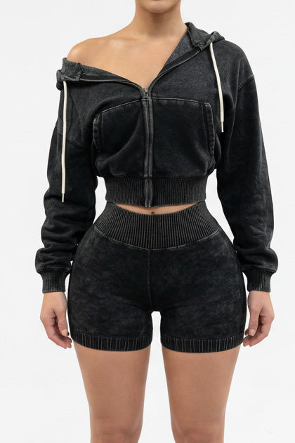 Mineral Wash Zip Hoodie & Shorts Set Lavish Daily