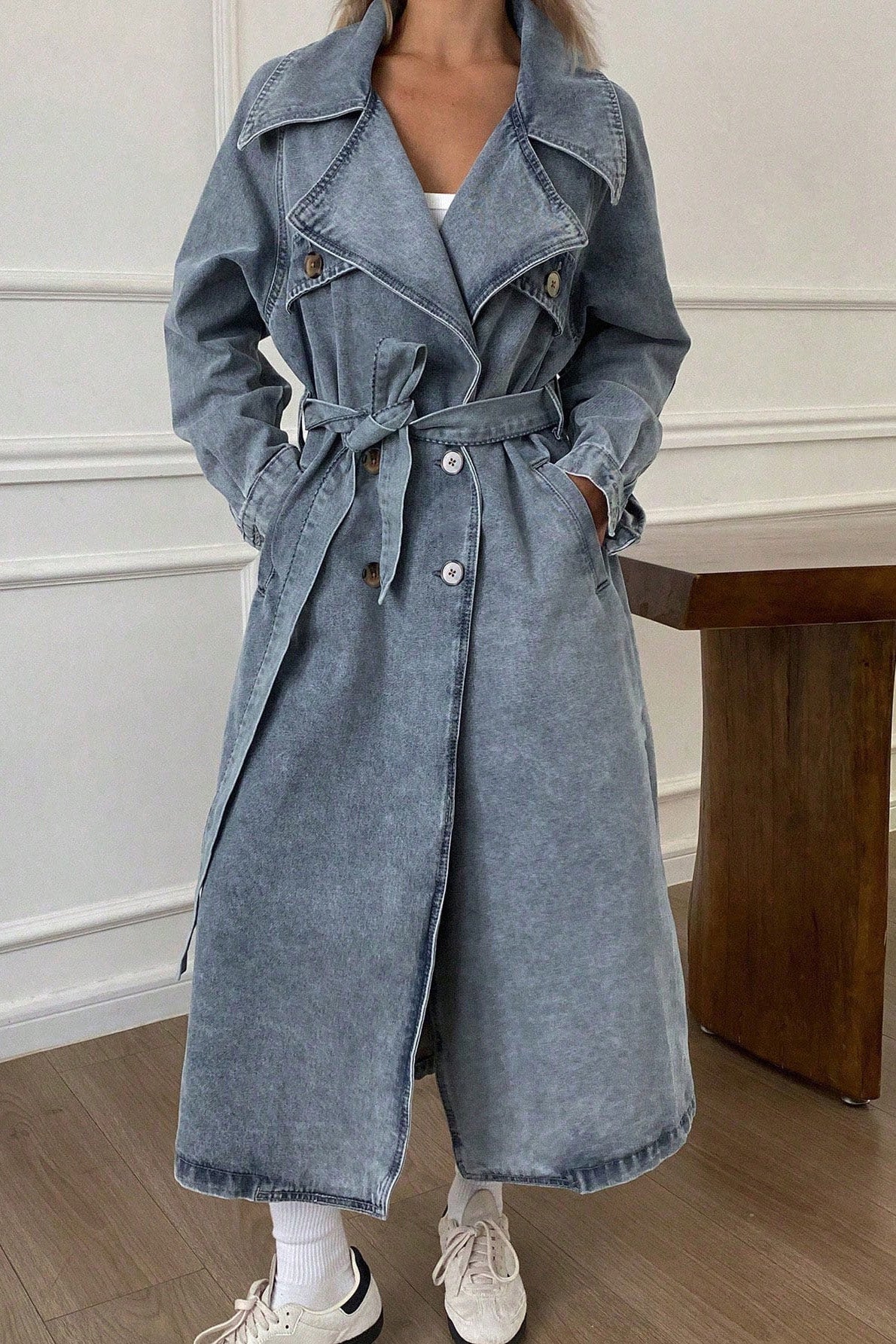 Double-Breasted Denim Trench Lavish Daily