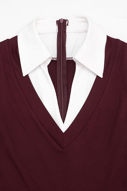Contrast-Collar V-Neck Long-Sleeve Romper Lavish Daily