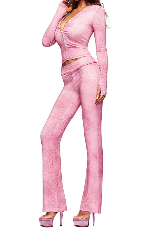 All-Over Print Zip-Up Hoodie & Flare Pant Set Lavish Daily