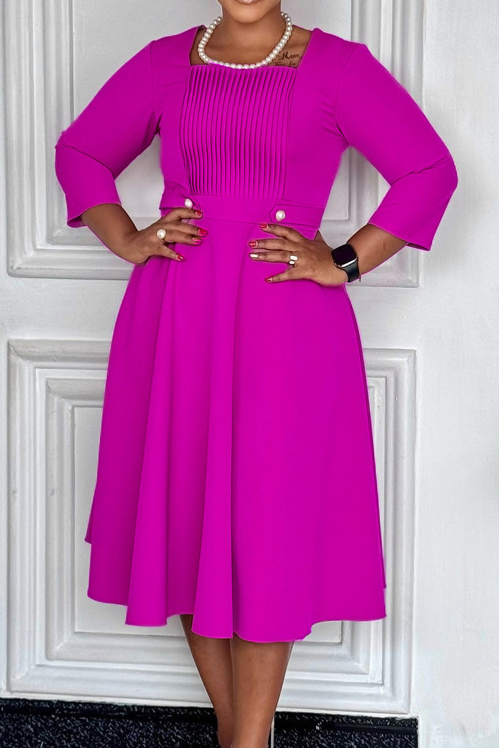 Square Neck Pleated Plus Size Waist Dress Lavish Daily