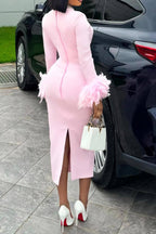 Square Neck Feather Detail Long Sleeve Dress Lavish Daily