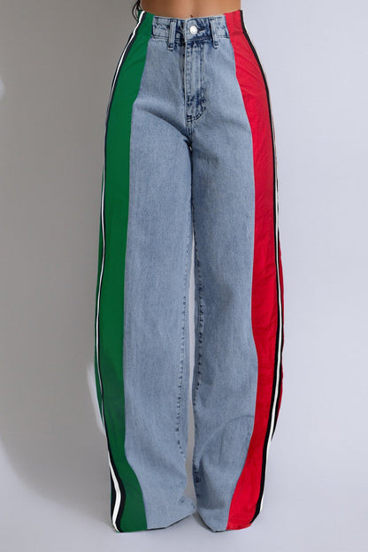 Wide Jeans with Wide Contrast Side Lines-Light Blue Lavish Daily