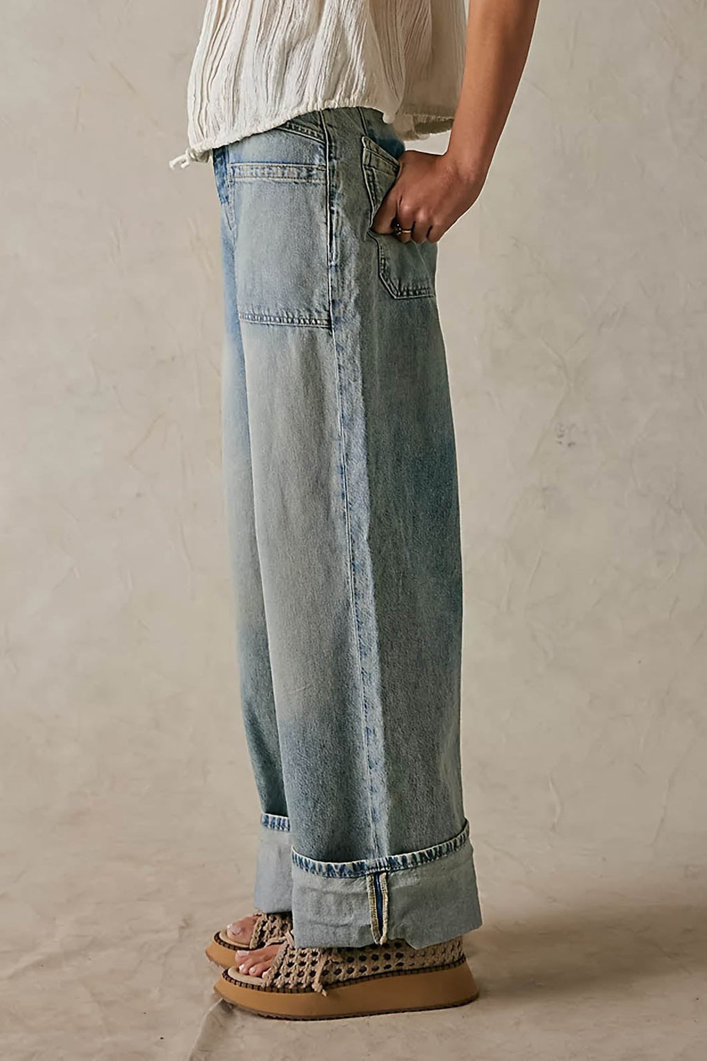 Washed Wide Leg Cuffed Jeans Lavish Daily
