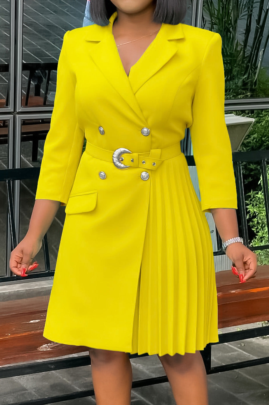 Pleated Patchwork Midi Blazer Dress Lavish Daily