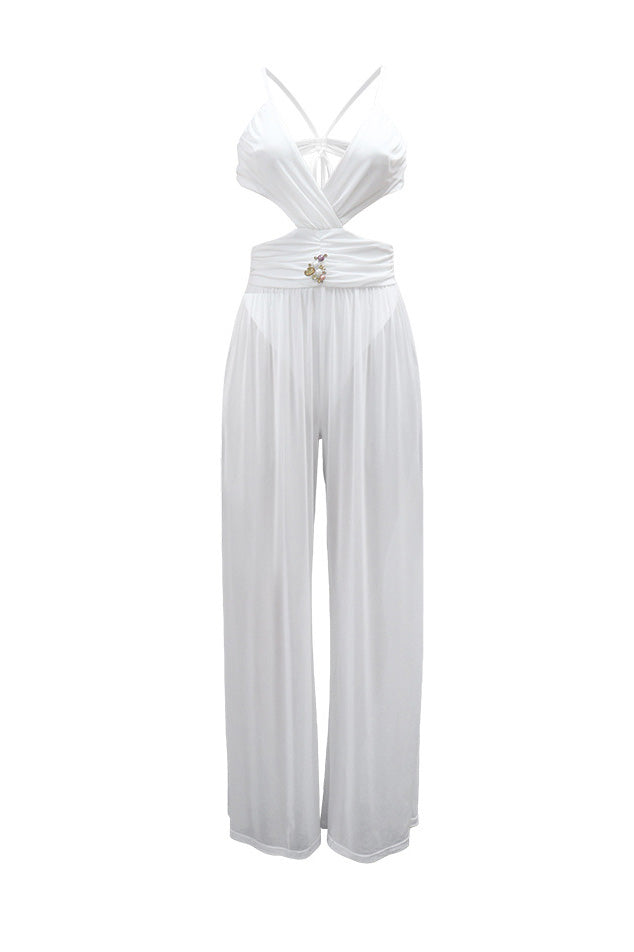 V-Neck Backless Sheer Jumpsuit Lavish Daily