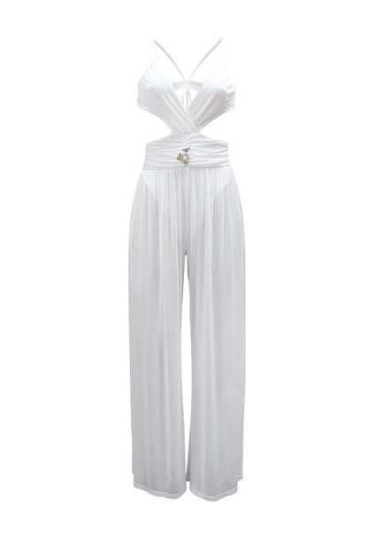 V-Neck Backless Sheer Jumpsuit Lavish Daily