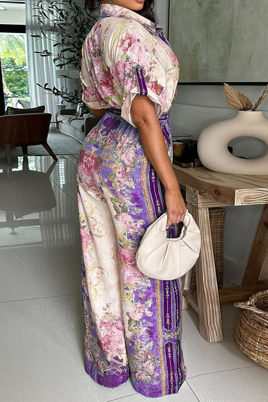 Floral Collared Wide Leg Jumpsuit Lavish Daily