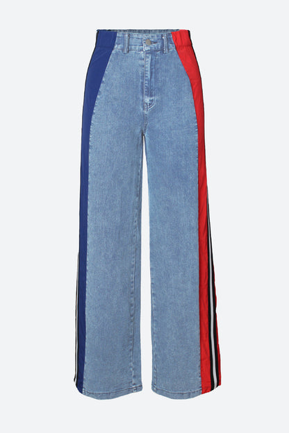 Wide Jeans with Wide Contrast Side Lines-Light Blue Lavish Daily