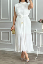 Pleated Tie Midi Dress with Half-High Collar Lavish Daily