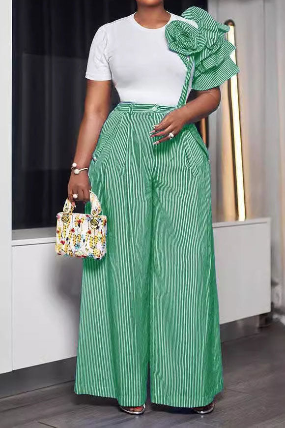 Single Ruffle Sleeve T-Shirt Striped Pants Set Lavish Daily