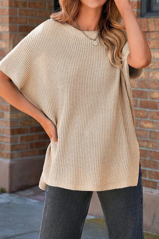 Short Sleeve Side Slit Oversized Sweater Lavish Daily