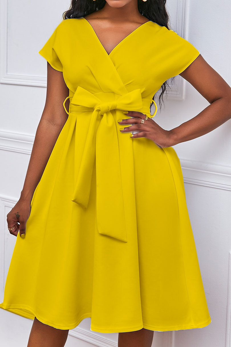 Solid Color Belted Bow Tie Waist Dress Lavish Daily