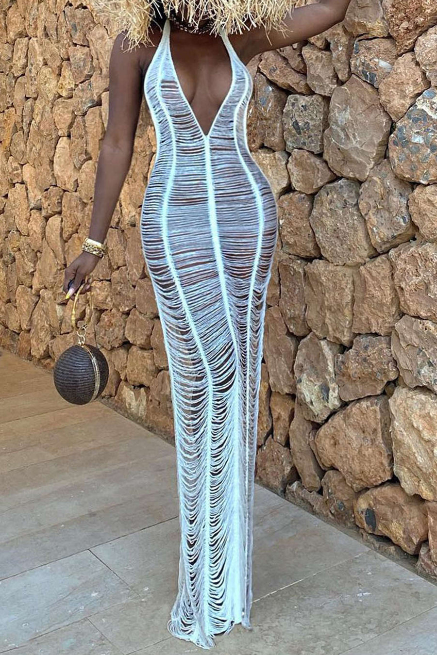 Crochet Ripped Halter Open Back Dress Lavish Daily