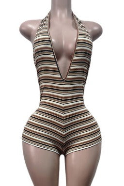 Striped Ribbed Plunge Halter Romper LavishDaily