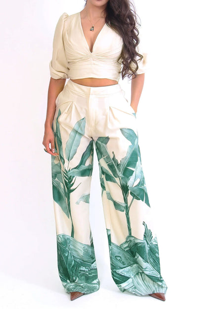 Printed V-Neck Wide-Leg Pants Set Lavish Daily