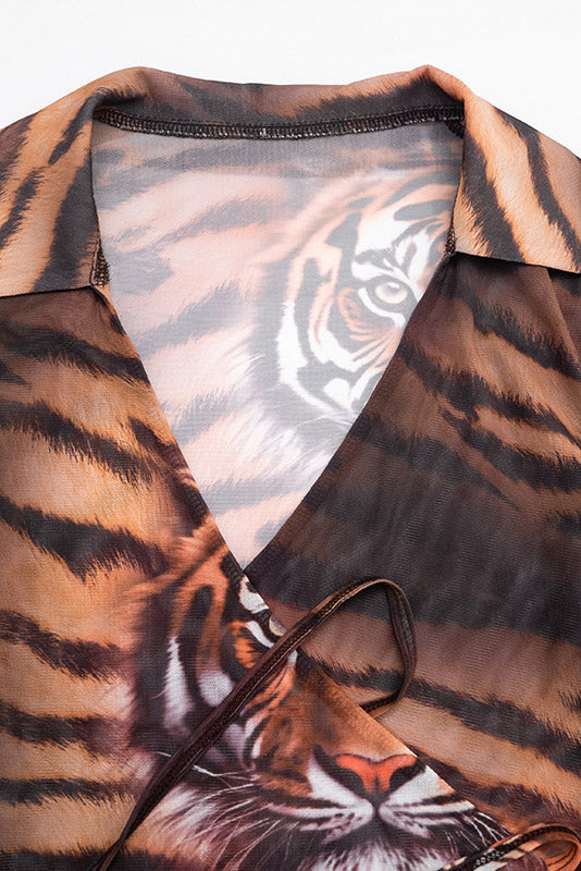 Tiger-Print Tie-Front Mesh Shirt Lavish Daily