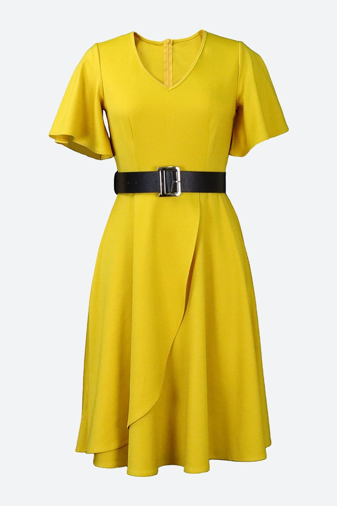 Bell Sleeve Solid Color Belt Dress Lavish Daily