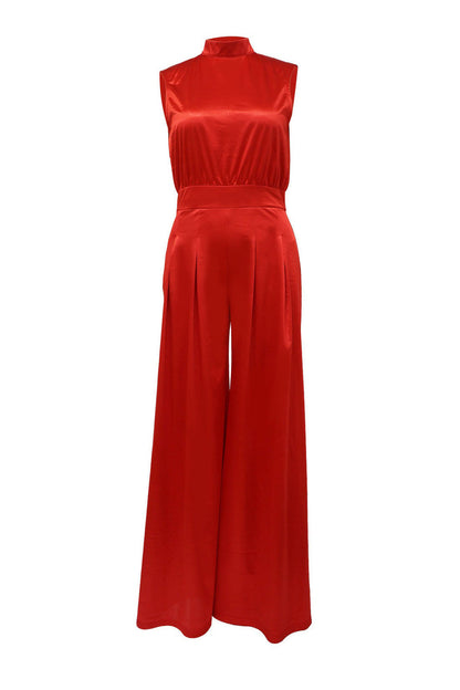 Sleeveless Mock Neck Pleated Wide Leg Jumpsuit Lavish Daily