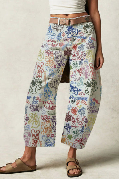 Doodle Print Relaxed Barrel Leg Jeans Lavish Daily