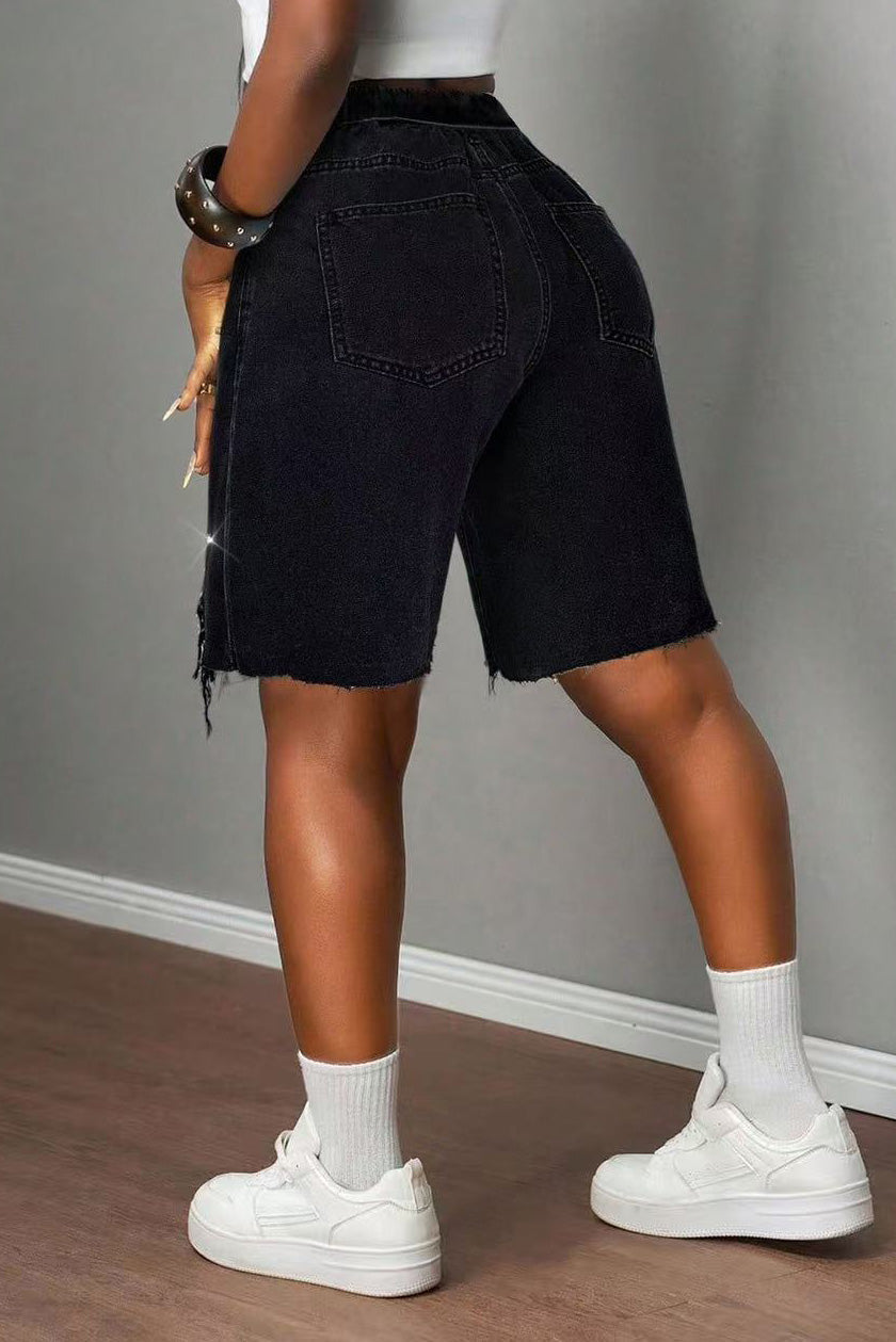 Rhinestone Distressed Denim Bermuda Shorts Lavish Daily